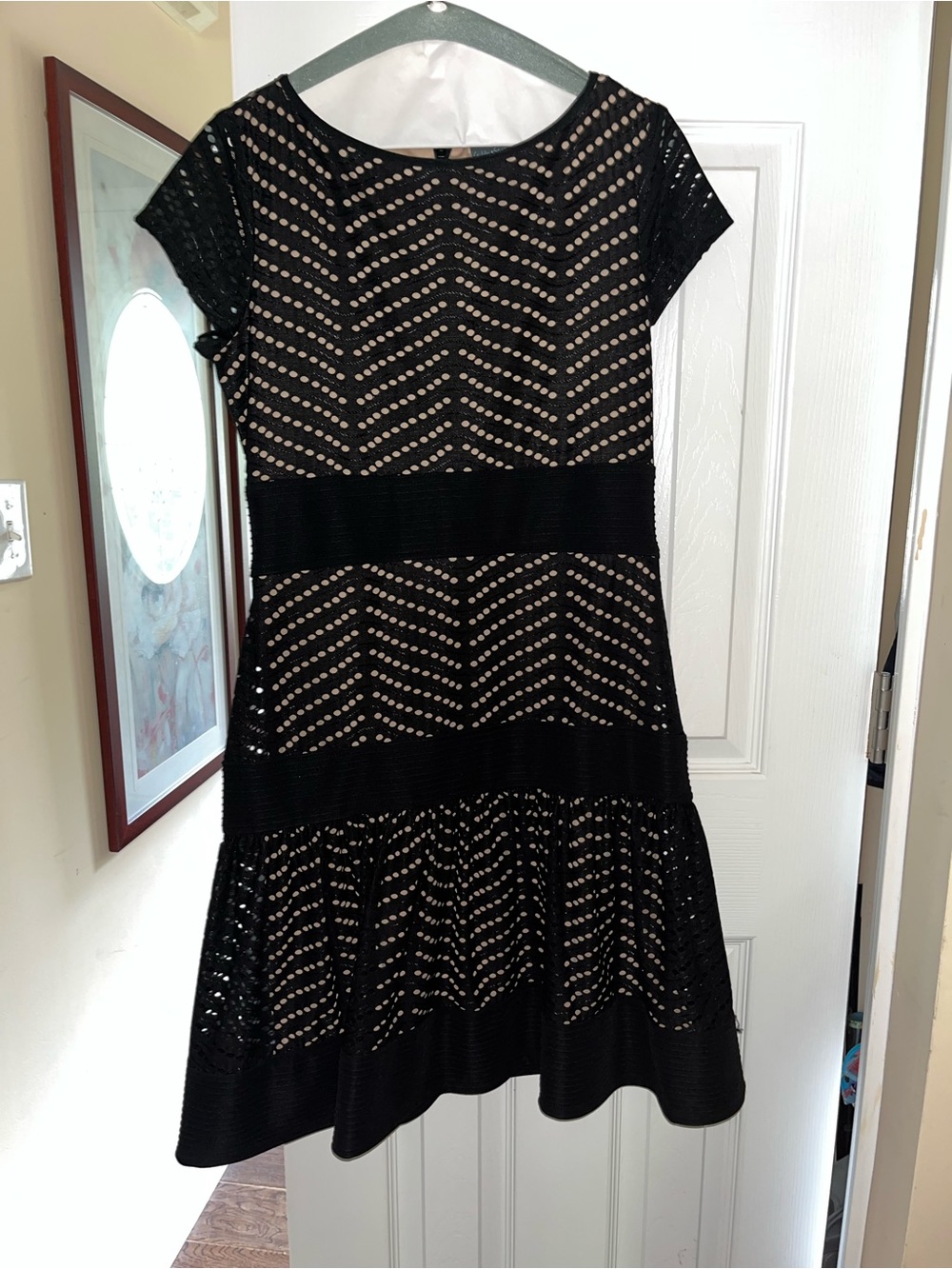 Gabby Skye Black Lace Overlay Dress with Nude Lining